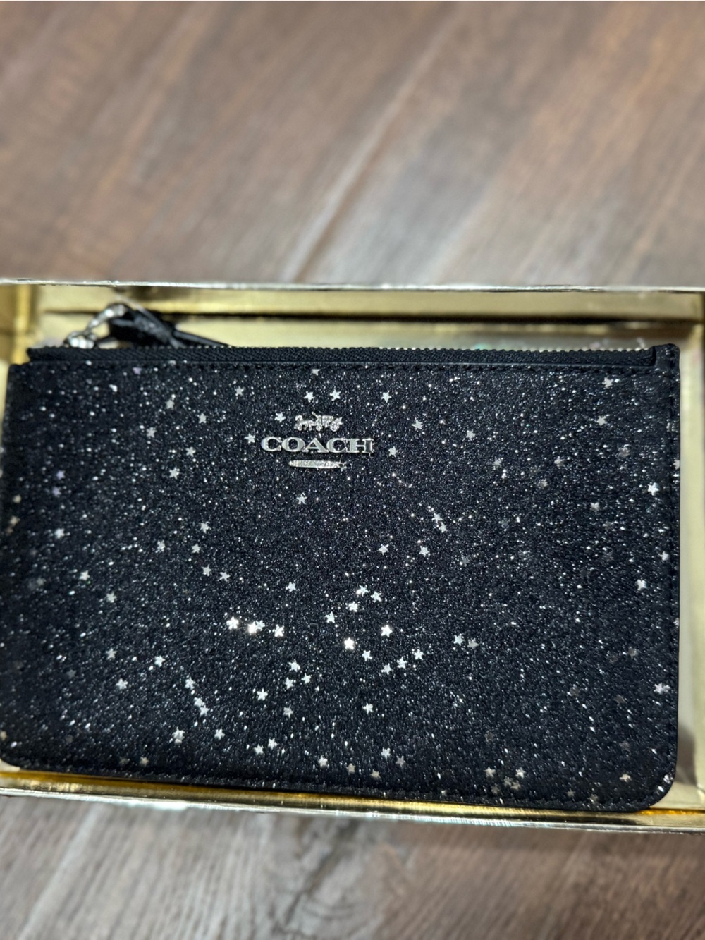 NWT Coach Black Glitter Star Zip Card Pouch
